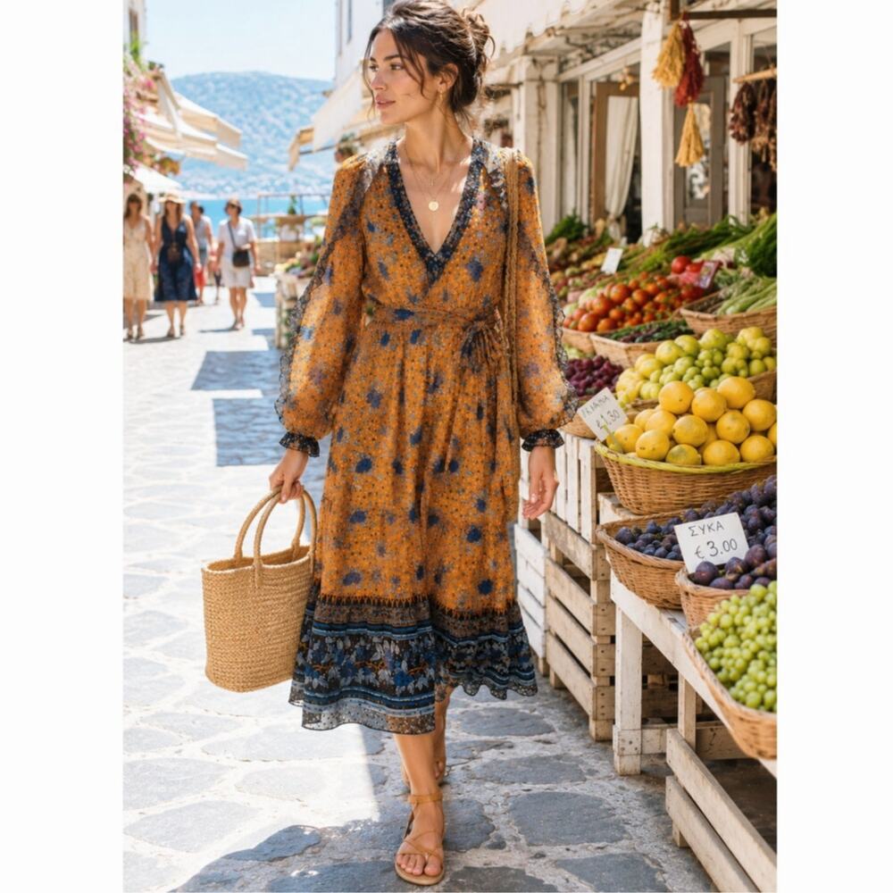 Ulla Johnson XS Silk Long Sleeve Midi Romilly Dress $795 Marigold Bohemian NWT - Picture 2 of 9